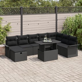 Conjunto de Sofá de Jardim de 9 Peças com Almofadas Preto Vime PE