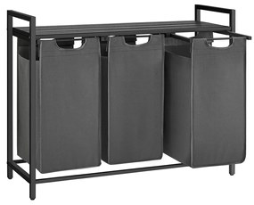 Cesto de roupa suja VASAGLE, cesto de roupa suja com 3 compartimentos, sacos de roupa sujos removíveis, separador de roupa suja, prateleira, estrutura de metal, 3 x 38L, 92,5 x 33 x 72 cm, preto e cinza BLH301G01