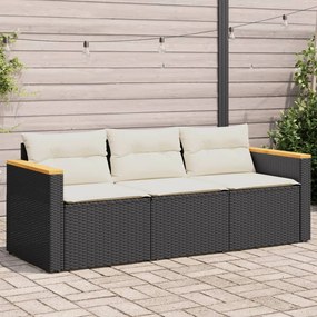 vidaXL Sofá de jardim 3 lugares com almofadões vime PE preto