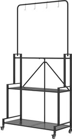 Suporte para plantas de 3 níveis com Rodas 84 x 40,5 x 174 cm, prateleira dobrável para flores em metal com 4 ganchos, preto