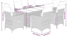 7 pcs conjunto de jantar p/ jardim c/ almofadões vime PE cinza