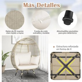 Cadeira Ovo de vime para jardim com capacidade para 205 kg e 4 almofadas Estrutura metálica robusta 110 x 82 x 145 cm Castanho claro