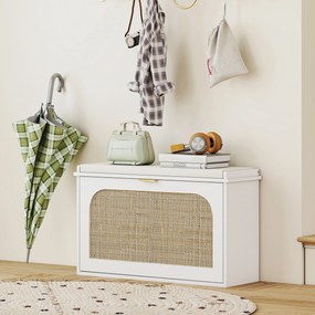 Sapateira 80 x 26 x 47,5 cm Banco para sapatos, assento almofadado, gaveta rebatível, porta em rattan, branco