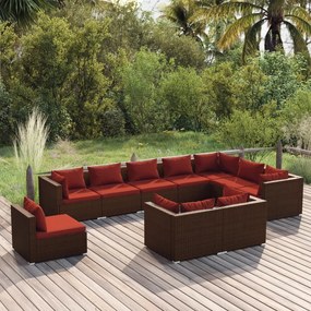 vidaXL 10 pcs conjunto lounge de jardim c/ almofadões vime PE castanho