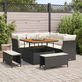 Conjunto de Sofá de Jardim de 8 Peças com Almofadas Pretas em Rattan Poli e Acácia