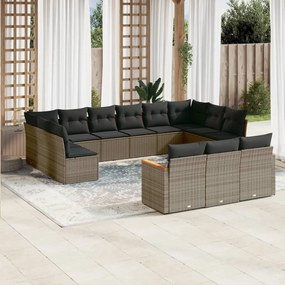 13 pcs conjunto sofás p/ jardim c/ almofadões vime PE cinzento
