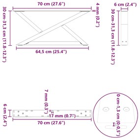 Pés para mesa de centro 2 peças aço natural 70x(30-31,3) cm aço