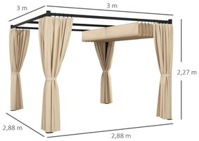 Pérgola de Jardim 3x3 m Pérgola para Exterior com Teto e Paredes Laterais Retráteis Impermeável para Terraço Pátio Bege