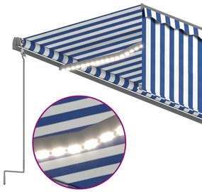 Toldo autom. c/ estore/LED/sensor de vento 5x3 m azul/branco