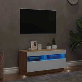 vidaXL Móvel de TV com luzes LED 80x35x40 cm branco e carvalho sonoma