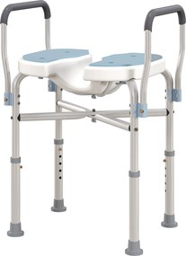 Cadeira de duche com braços 53 x 36 x 64-75 cm, assento em forma de U, altura ajustável, antiderrapante, azul claro