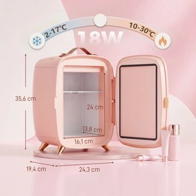 Mini Frigorífico para Cosméticos com 6 L, Porta com Espelho e Luzes LED Ajustáveis, 24,3 x 19,4 x 35,6 cm Rosa