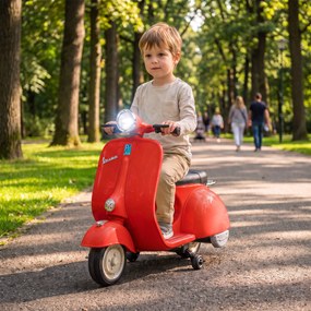 Mota Elétrica Infantil VESPA 6V com Arranque Suave, Rodas de Apoio, Luz, Música e USB - Vermelho