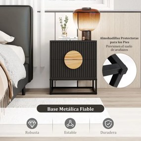 Mesa de cabeceira, mesa apoio 48 x 40 x 55 cm com 2 gavetas com moldura metálica e puxadores em madeira de pinho moderna com design ondulado elegante