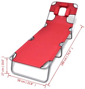 Espreguiçadeira dobrável almofada cabeça aço revestido vermelho
