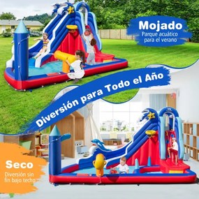 Castelo insuflável grande 6 em 1 sem soprador para crianças 3-10 anos Escorrega de água com parede de escalada Canhão de água 413 x 300 x 235 cm Multi