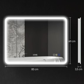 Espelho de Casa de Banho com Luz LED 80x60 cm Bluetooth 3 Cores de Luz Relógio Digital Função Antiembaciamento Função de Memória Prata