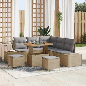 vidaXL Conjunto de Sofá de Jardim de 8 Peças com Almofadas Bejas em Rattan Sintético e Acácia