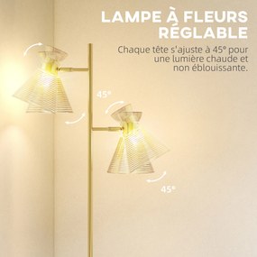 Candeeiro de pé para sala de estar com duas luzes ajustáveis 42 x 25 x 165 cm, candeeiro de pé, abajur de vidro com motivos florais, dourado