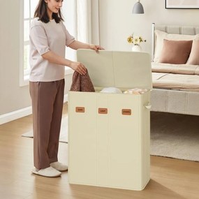 Cesto da roupa suja 160L, 64 x 33 x 75 cm  com três compartimentos, tampa e saco interior lavável creme