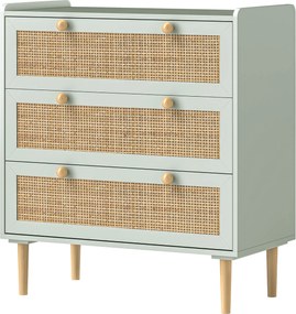 Cómoda de design boémio em vime com 3 gavetas 80C x 40L x 87,5A cm, móvel de arrumação para a sala de estar, o corredor ou a entrada, verde-oliva