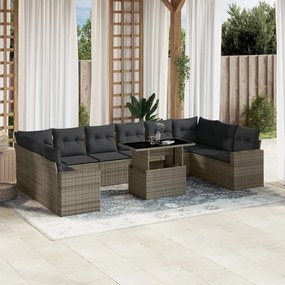 11 pcs conjunto sofás de jardim c/ almofadões vime PE cinzento