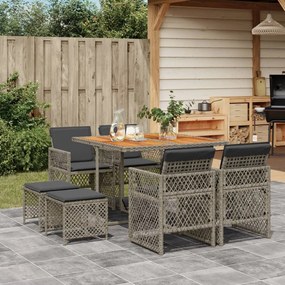 vidaXL 9 pcs conjunto de jantar p/ jardim c/ almofadões vime PE cinza