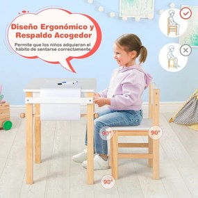 Conjunto de mesa e cadeira de arte para crianças Secretária e cadeira de desenho com pernas de madeira maciça Gaveta Rolo de papel 2 canetas marcadora