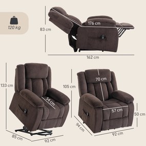 Poltrona Relax Reclinável Elétrica Elevatória com Porta USB Controlo Remoto Assento Largo Apoio para os Pés Castanho