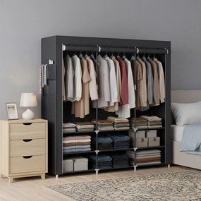 Guarda roupa tecido 45 x 188 x 176 cm com 3 compartimentos suspensos, preto