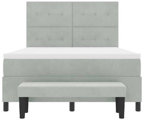 Cama Box Spring com Colchão &amp; Banco Cinza Claro 140x190 cm Veludo
