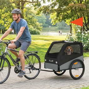 Reboque para bicicleta 139 x 72 x 88 cm para cães, fixação universal, refletores, bandeira, trela, cinzento e preto