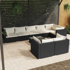 vidaXL 9 pcs conjunto lounge de jardim c/ almofadões vime PE preto