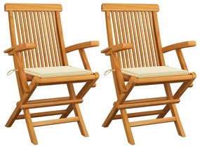 3062489 vidaXL Cadeiras de jardim c/ almofadões creme 2 pcs teca maciça