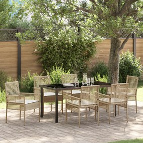 Conjunto de Jantar com 7 Peças e Almofadas Bege Rattan Sintético