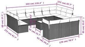 14 pcs conjunto sofás p/ jardim c/ almofadões vime PE castanho