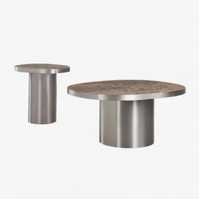 Conjunto De 2 Mesas De Centro Em Pedra Natural E Aço Inoxidável Fertrix Mármore Castanho Emperador - Sklum