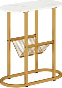 Mesa apoio, mesa de cabeçeira Estreita 60 x 28,5 x 64 cm com Tampo de Imitação Mármore  e Suporte para Revistas Estrutura Metálica Dourada e Branco