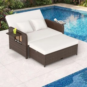 Conjunto de espreguiçadeira e sofá de rattan para jardim, 2 peças, com Pufe com espaço de arrumação, encosto ajustável e mesas dobráveis, castanho + b