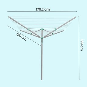 Estendal de roupa giratório 179,2 x 179,2 x 199 cm, 60 m de corda, Prateado