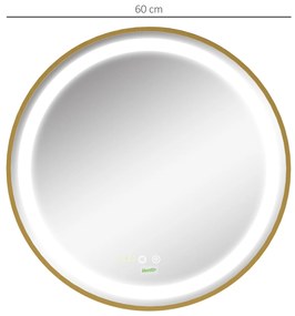 Espelho Casa de Banho com Luz LED Ø60x4cm Espelho Redondo com Interruptor Tátil 3 Luzes Ajustáveis Visualização de Temperatura e Hora Função de Memóri