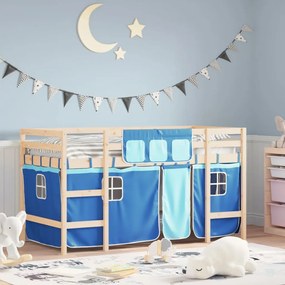 vidaXL Cama alta p/ criança c/ cortinas 90x200 cm pinho maciço azul