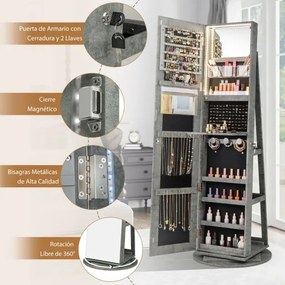 Armário giratório para joias 360° com espelho de corpo inteiro e luzes LED de 3 cores com fechadura Organizador de joias esverdeado