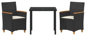 Conjunto de Jantar de Jardim com Almofadas 3 Peças na Cor Preta em Rat