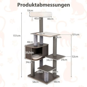 Arranhador de 151cm com caverna para gatos, postes para arranhar, bola e almofadas removíveis