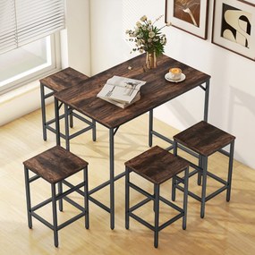Conjunto de Mesa de Bar com 4 Bancos com Apoio para os Pés Mesa de 100x60x88cm e Bancos de 32x32x57cm Preto e Nogueira