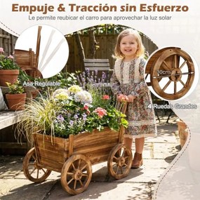 Floreira jardim em forma de carrinho de madeira 78 x 45 x 72 cm, suporte rústico para flores com rodas, alça e orifício de drenagem, ideal para vegeta