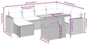 8 pcs conjunto sofás de jardim c/ almofadões vime PE cinzento