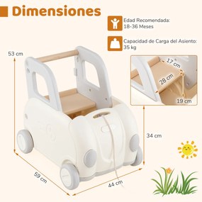Andarilho de empurrar para crianças em forma de carro com corda de reboque, assento rebatível e rodas lisas 59 x 44 x 53 cm Branco