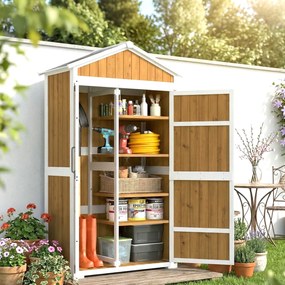 Abrigo de jardim 105 x 55 x 179 cm com telhado metálico e porta dupla para ferramentas de jardinagem  - Natural